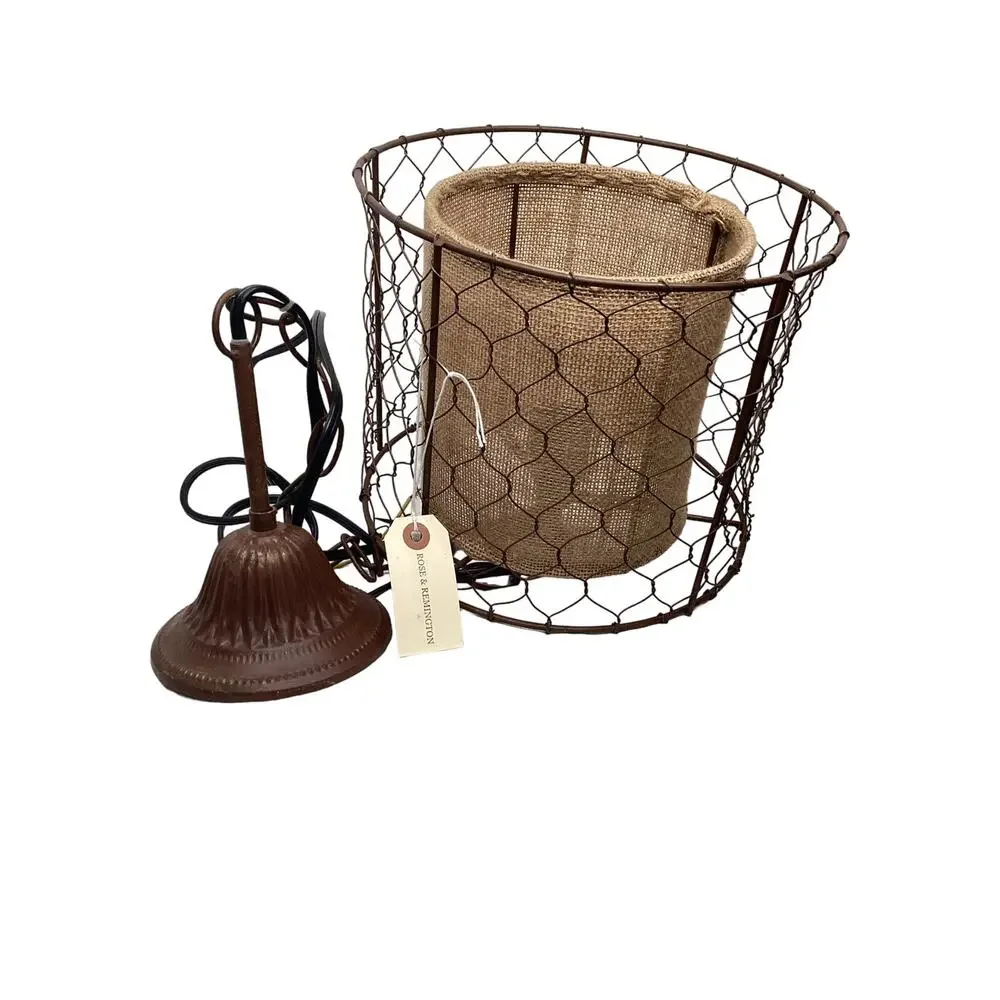 Farmhouse Pendant Light Lamp Rustic Chicken Wire Shade with Burlap Center Brown